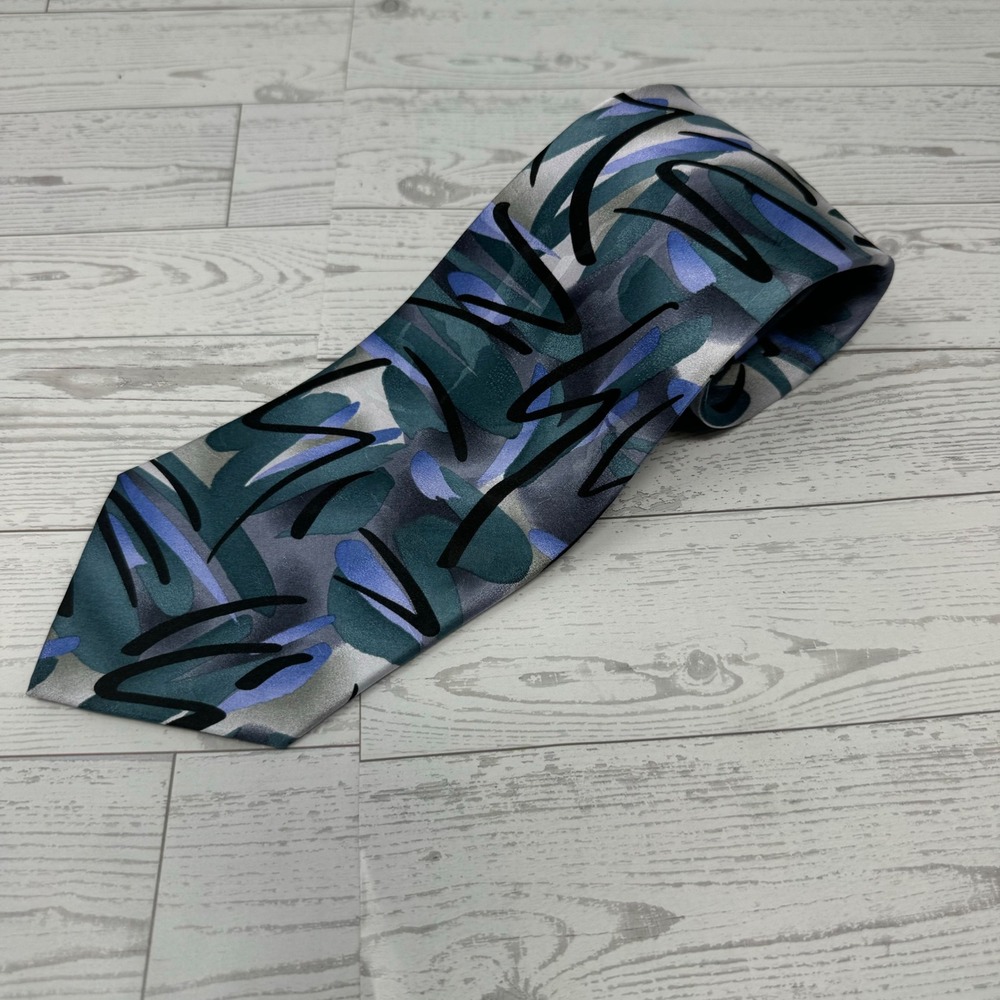 J Garcia Men's Abstract Geometric Silk‎ Necktie Blue Gray Black